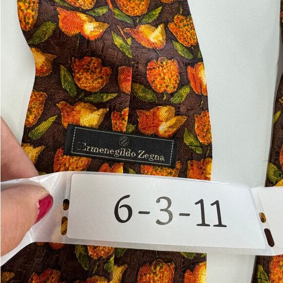 Ermenegildo Zegna‎ Tie Mens Orange Floral Tulip Pointed Silk Italy - Picture 4 of 7